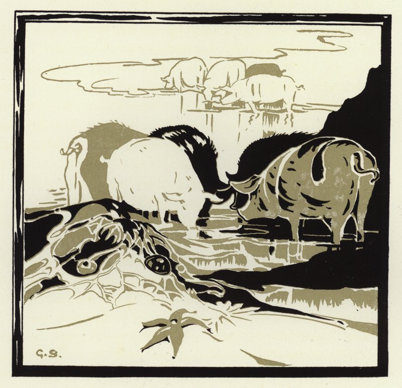Grisarna kom grymtande över sanden (färg litho) av George Sheringham