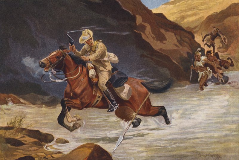 Utskickande ryttare attackeras av afrikanska krigare (färg litho) av George Soper