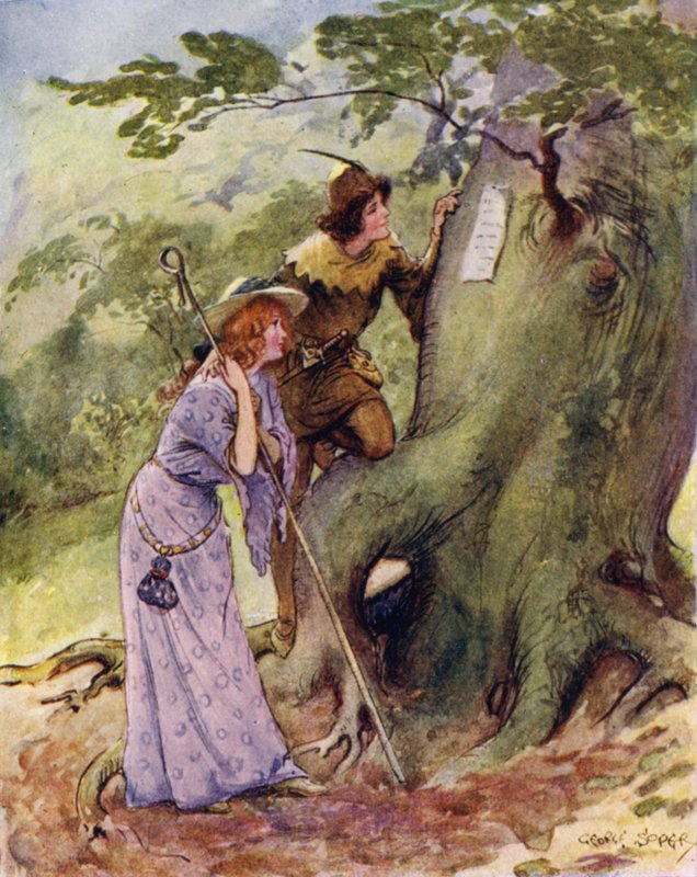 Ganymedes och Aliena blev konstigt förvånade över att hitta namnet Rosalind ristat på träden? av George Soper