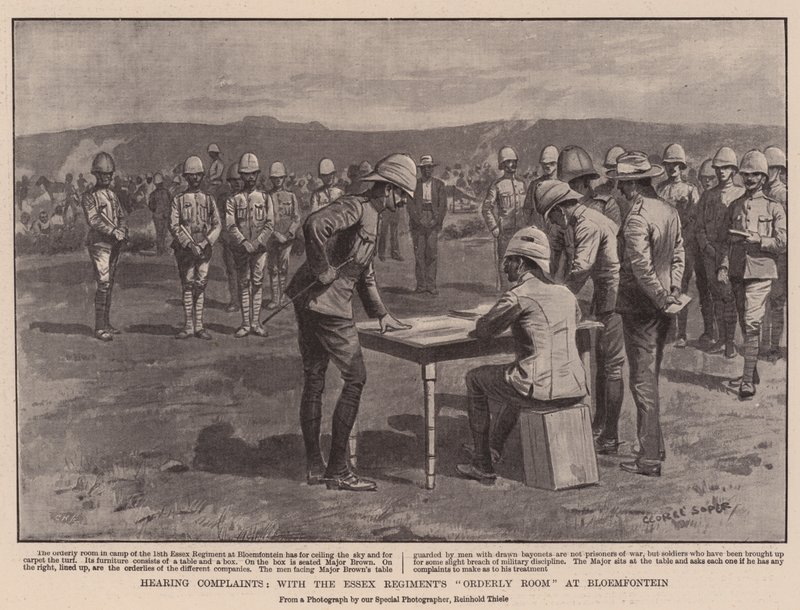 Utfrågning av klagomål, med Essex Regiments Orderly Room i Bloemfontein av George Soper
