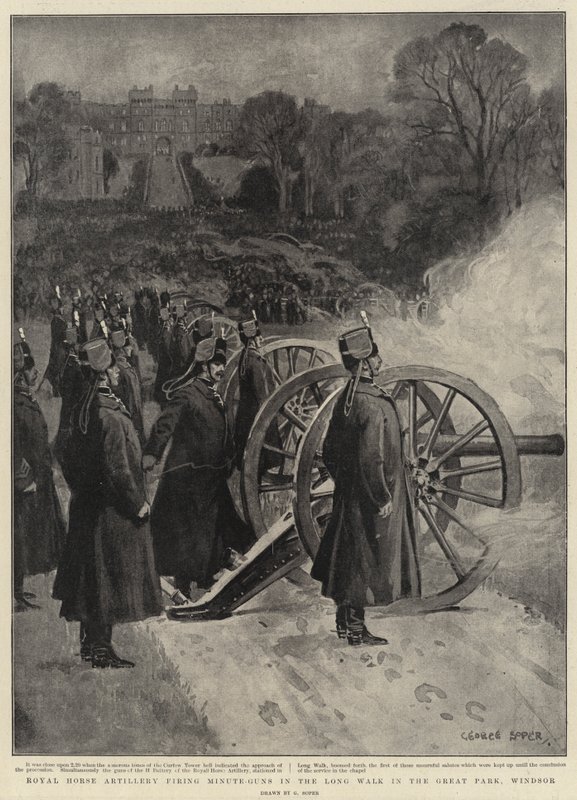 Royal Horse Artillery avfyrar Minute-guns i Long Walk i Great Park, Windsor av George Soper