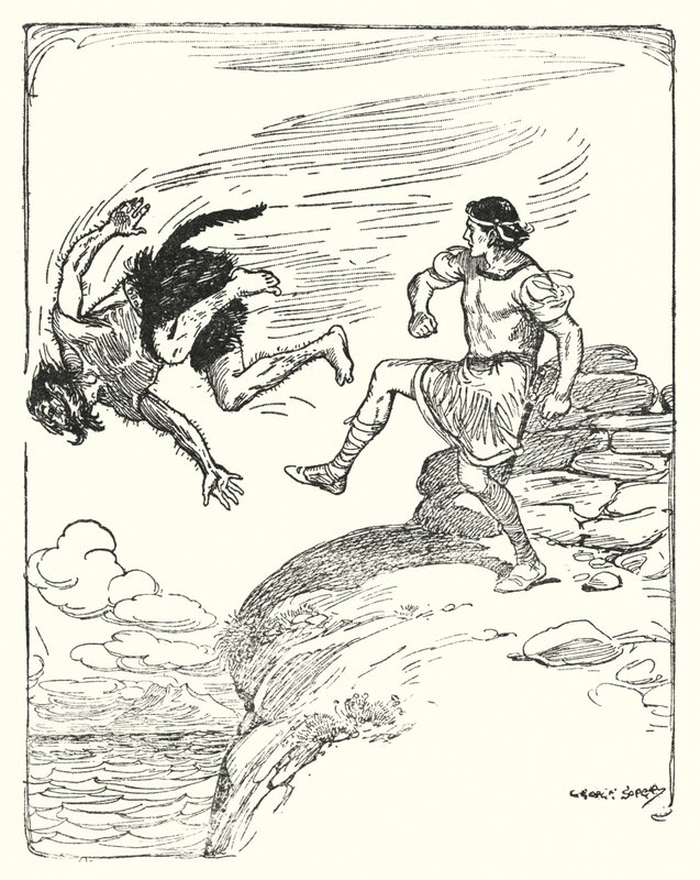 Theseus: "Han sparkade honom över klippan i havet" (litho) av George Soper