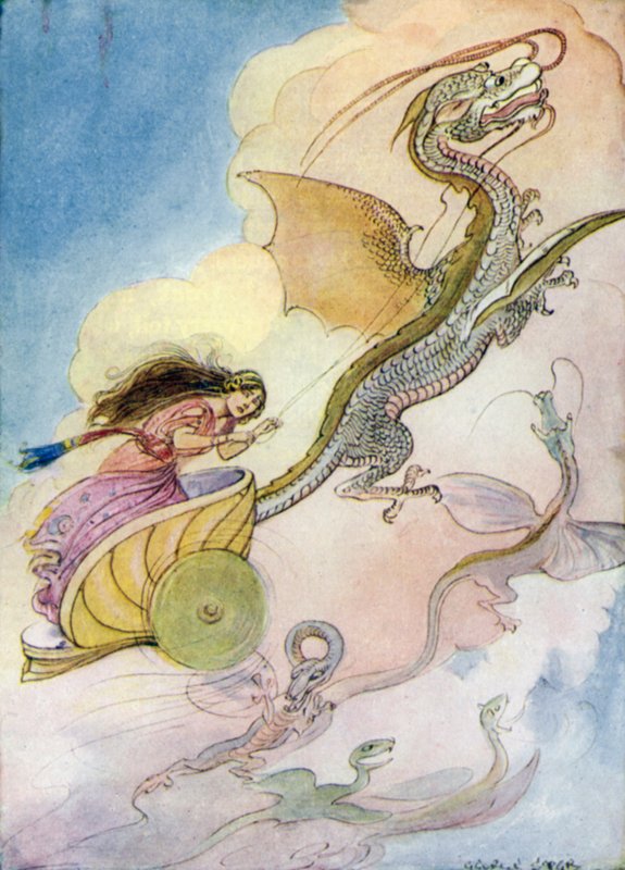 Theseus: "Medeia kallade sin drakvagn" (färg litho) av George Soper