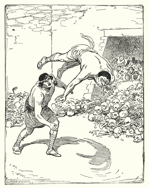 Theseus: "Theseus kastade honom rakt över hans axel på marken" (litho) av George Soper
