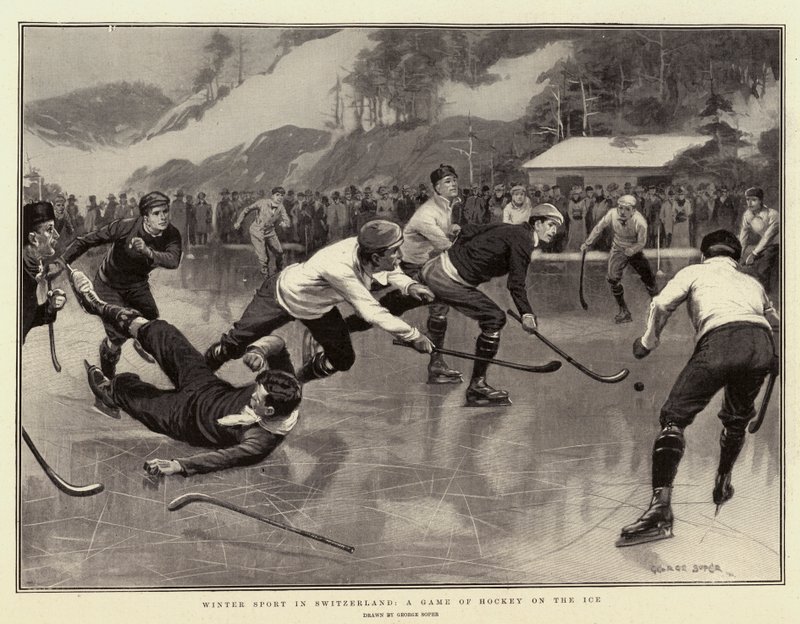 Vintersport i Schweiz, ett spel med hockey på isen av George Soper