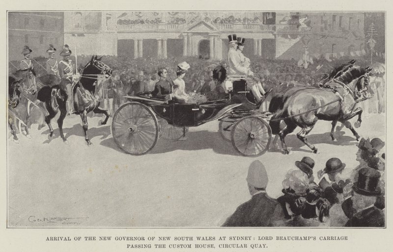 Den nya guvernören för New South Wales anländer till Sydney, Lord Beauchamps vagn passerar tullhuset, Circular Quay. av George Washington Lambert