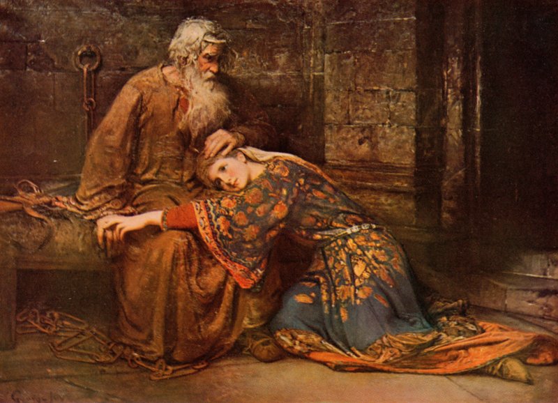 Shakespeare: Cordelia tröstar King Lear i fängelset, King Lear, akt V, scen 3 (litho i färg) av George William (after) Joy