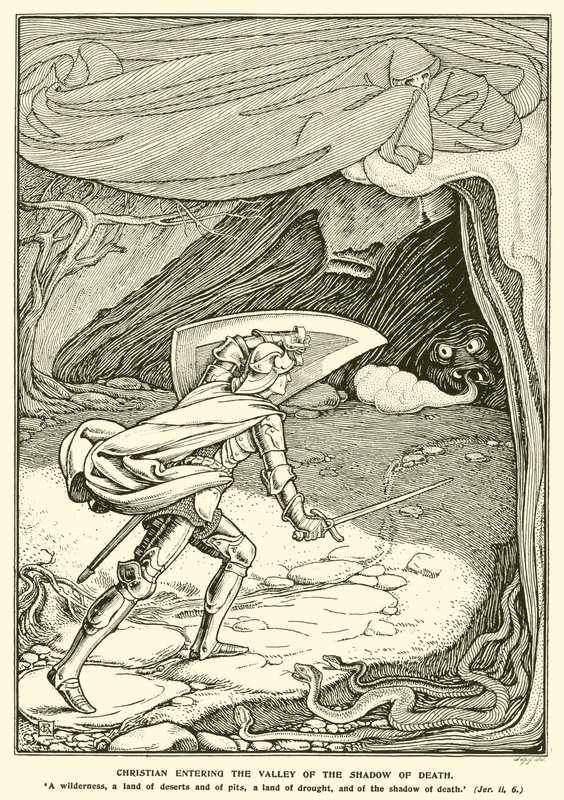 Christian Entering the Valley of the Shadow of Death (gravyr) av George Woolliscroft Rhead