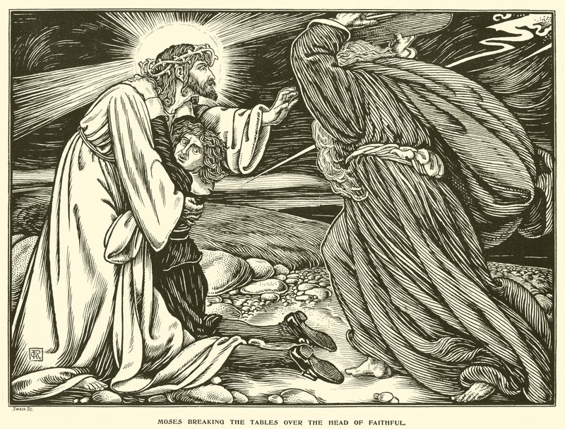 Moses bryter borden över de trognas huvud (gravyr) av George Woolliscroft Rhead