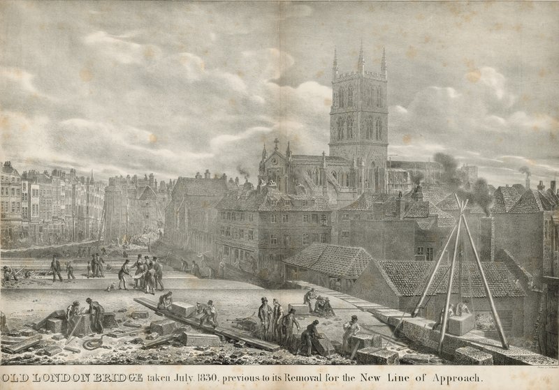 Old London Bridge togs i juli 1830, innan den togs bort för den nya inflygningslinjen av George the Elder Scharf
