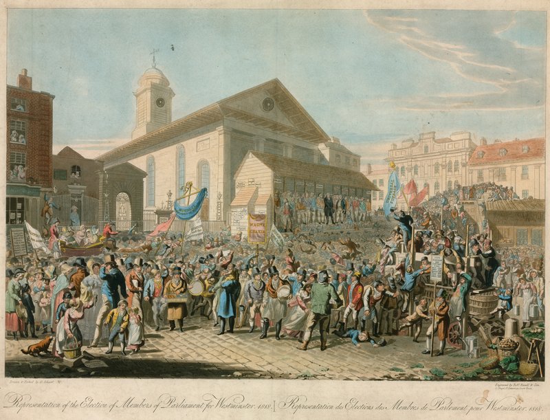 Representation av valet av parlamentsledamöter för Westminster, 1818 av George the Elder Scharf