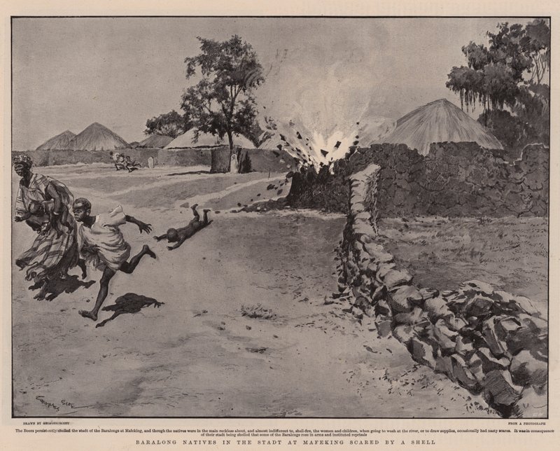 Baralong Natives i Stadt vid Mafeking skrämda av ett skal av Georges Bertin Scott