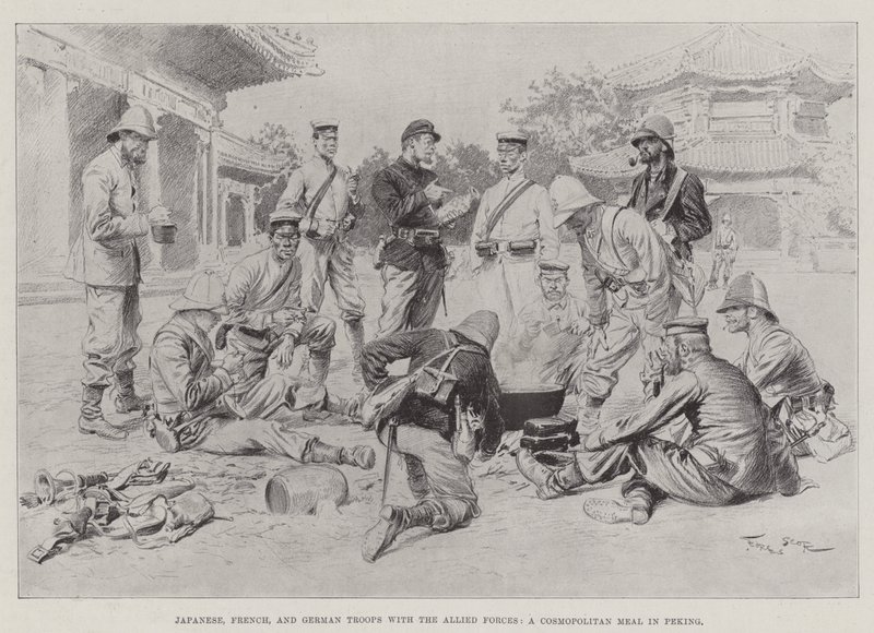 Japanska, franska och tyska trupper med de allierade styrkorna, en kosmopolitisk måltid i Peking av Georges Bertin Scott