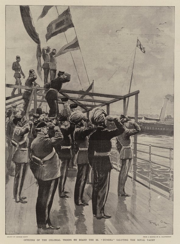 Officerare från de koloniala trupperna ombord på SS Dunera saluterar den kungliga båten. av Georges Bertin Scott