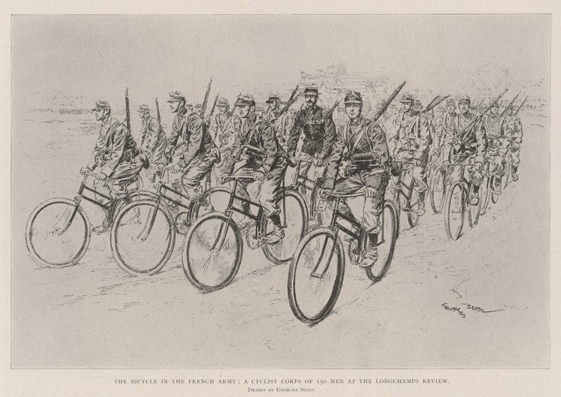 Cykeln i den franska armén, en cyklistkår på 150 män vid Longchamps Review av Georges Bertin Scott
