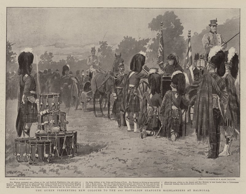 Drottningen presenterar nya färger för 2:a bataljonen Seaforth Highlanders på Balmoral av Georges Bertin Scott