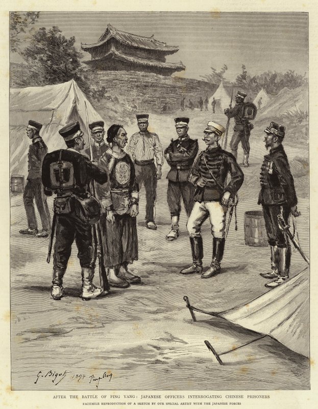 Efter slaget vid Ping Yang förhörde japanska officerare kinesiska fångar av Georges Ferdinand Bigot
