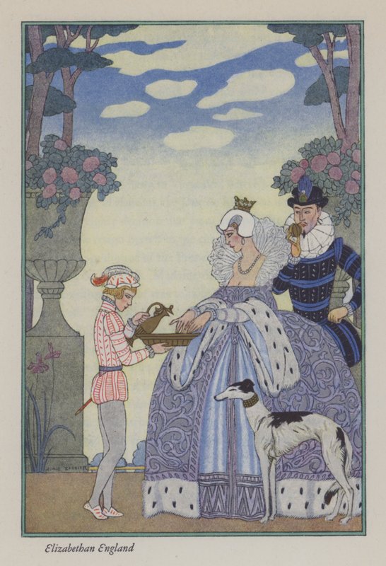 The Romance of Parfum: Elizabethan England (färg litho) av Georges (after) Barbier