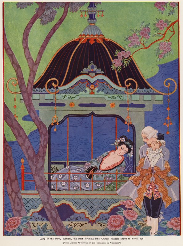 Kinesisk prinsessa liggande i en paviljong (färg litho) av Georges Barbier