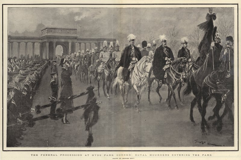 Begravningståget vid Hyde Park Corner, kungliga sörjande kommer in i parken av Georges Bertin Scott