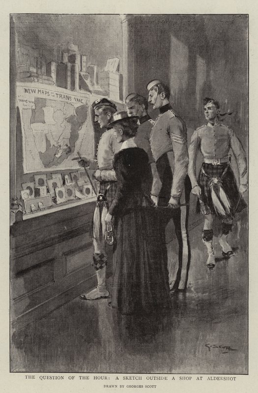 The Question of the Hour, en skiss utanför en butik i Aldershot av Georges Bertin Scott