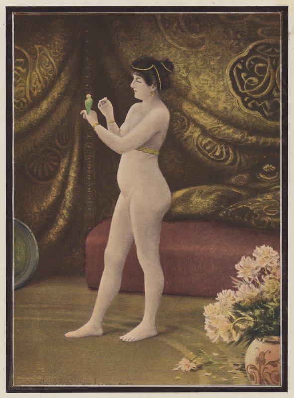 Favoriten, kvinnan med en husdjursfågel (färg litho) av Georges Croegaert
