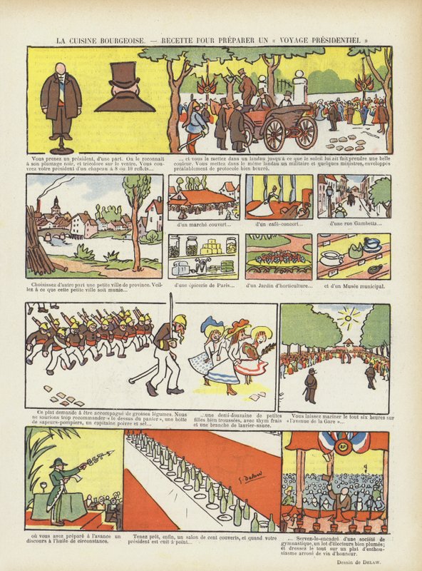 Borgerligt kök. Ett recept för en presidentresa. Illustration för Le Rire av Georges Delaw