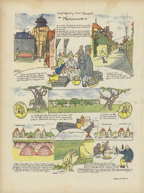 Intryck av en turist i Normandie. Illustration för Le Rire av Georges Delaw