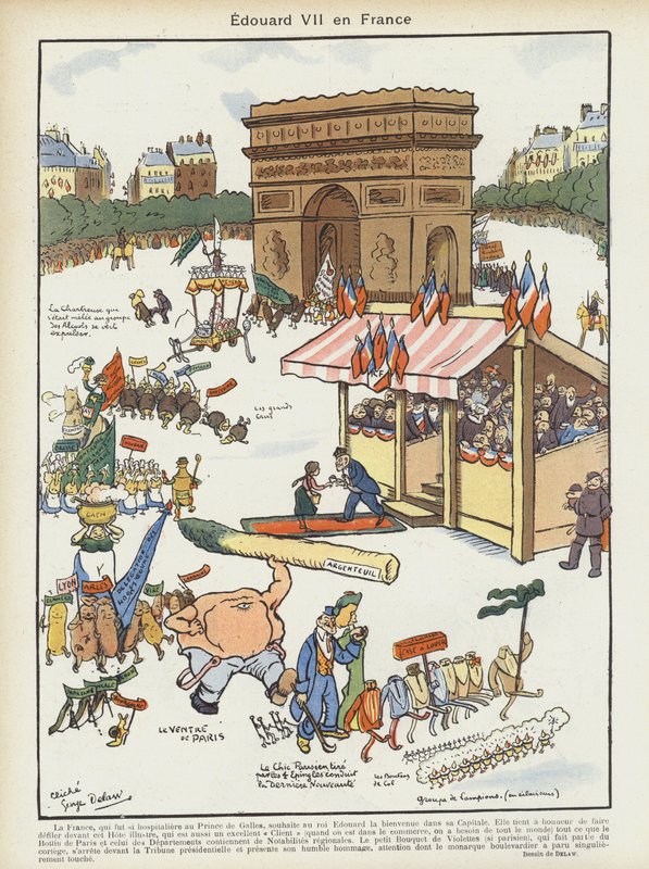Kung Edward VIIi besöker Frankrike. Illustration för Le Rire av Georges Delaw