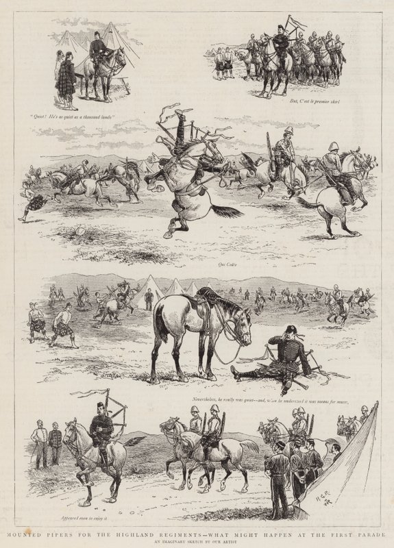 Monterade Pipers för Highland Regiments, vad som kan hända vid den första paraden av Georges Ferdinand Bigot