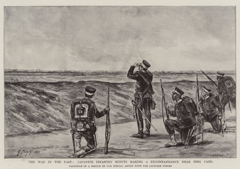 Kriget i öst, japanska infanterispanare gör en spaning nära Ping Yang av Georges Ferdinand Bigot