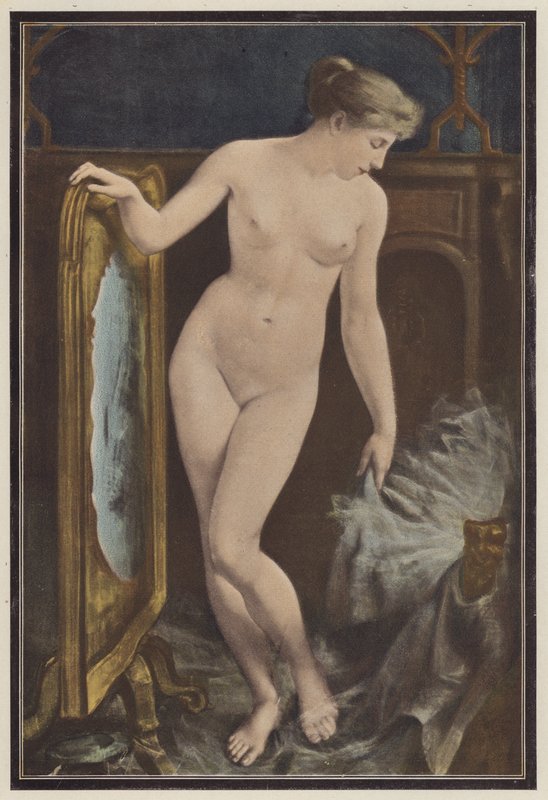 Kvinna som överväger en huvudbonad (färg litho) av Georges Roussin