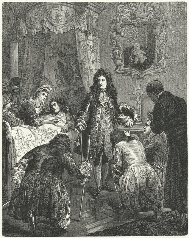 Ludvig XIV av Frankrike besökte James II av England på sin dödsbädd, 1701 av German School