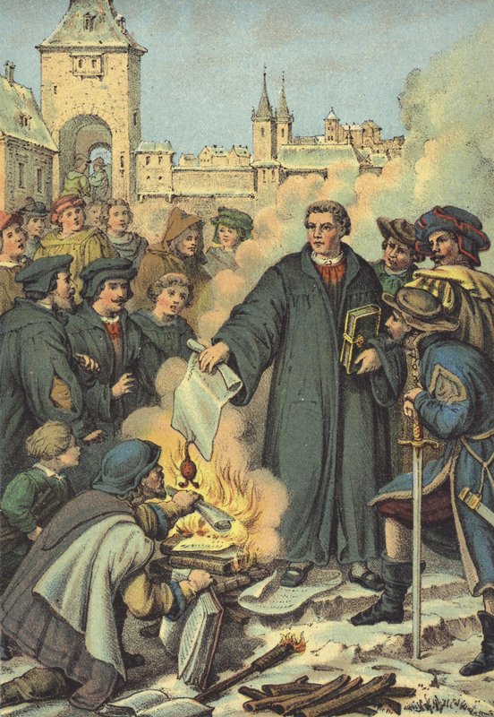Luther sätter eld på de påvliga tjurarna i Wittenberg den 10 december 1520 av German School