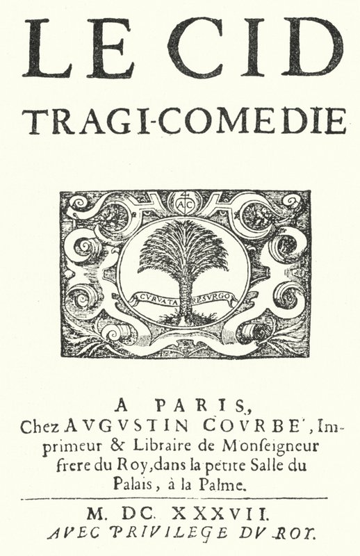 Titelsidan från den första upplagan av Le Cid av den franske dramatikern Pierre Corneille, publicerad 1637 av German School