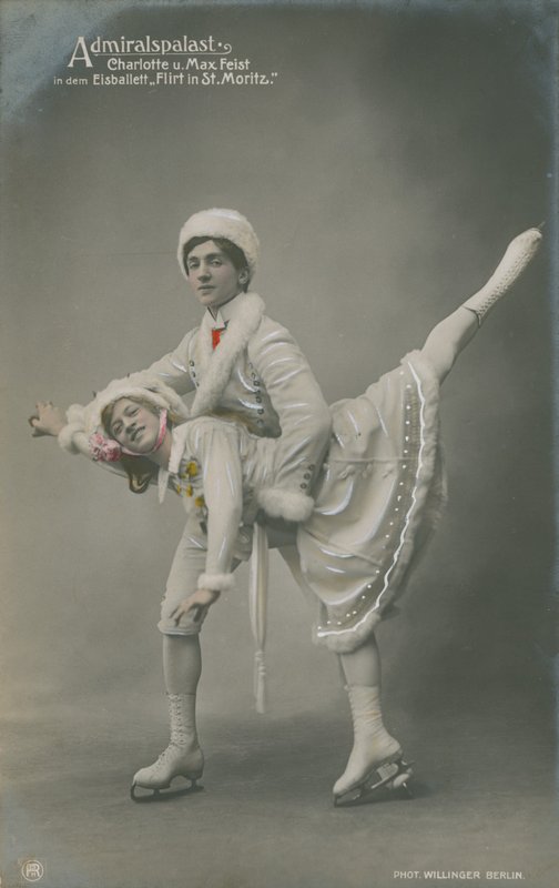 Vykort med skridskoåkare, skickat 1913 (handkolorerat foto) av German Photographer