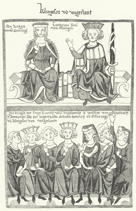 En skildring av Sangerkrieg, en tävling mellan minstreler på slottet Wartburg i Thüringen 1207, från Codex Manesse (gravyr) av German School
