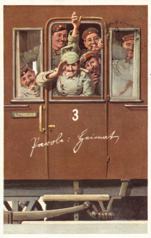 En grupp tyska soldater från första världskriget som vinkar från en järnvägsvagn (färg litho) av German School