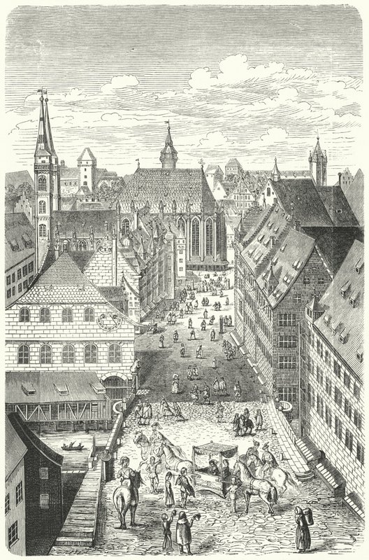 En gata i Nürnberg på 1400-talet (gravyr) av German School