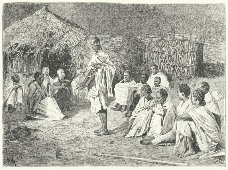 En resande minstrel och hans publik i Abessinien (gravyr) av German School