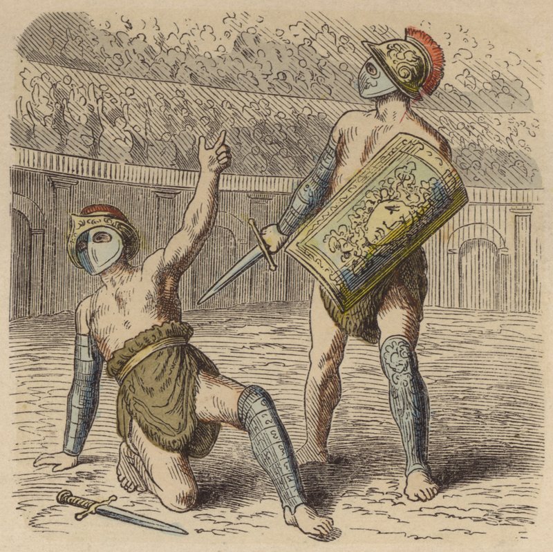 En sårad romersk gladiator vädjar till folkmassan om sitt liv (färgad gravyr) av German School