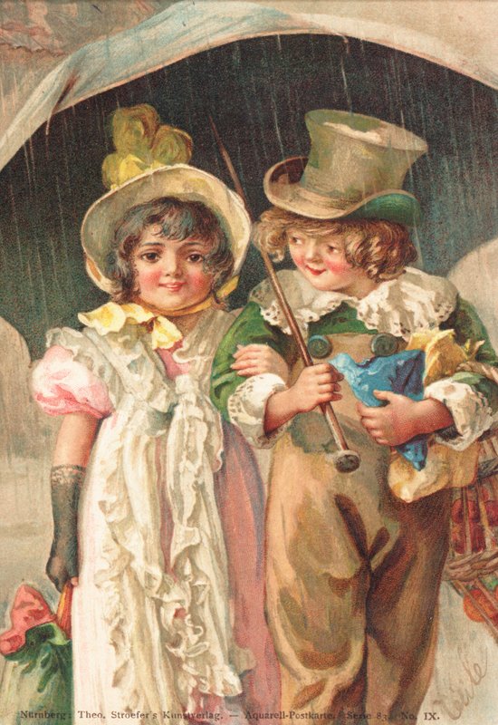 En ung pojke går arm i arm med en ung flicka (färg litho) av German School