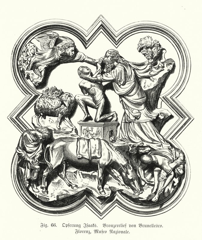 Abraham offrar sin son Isak till offer, bronsrelief av Filippo Brunelleschi (gravyr) av German School