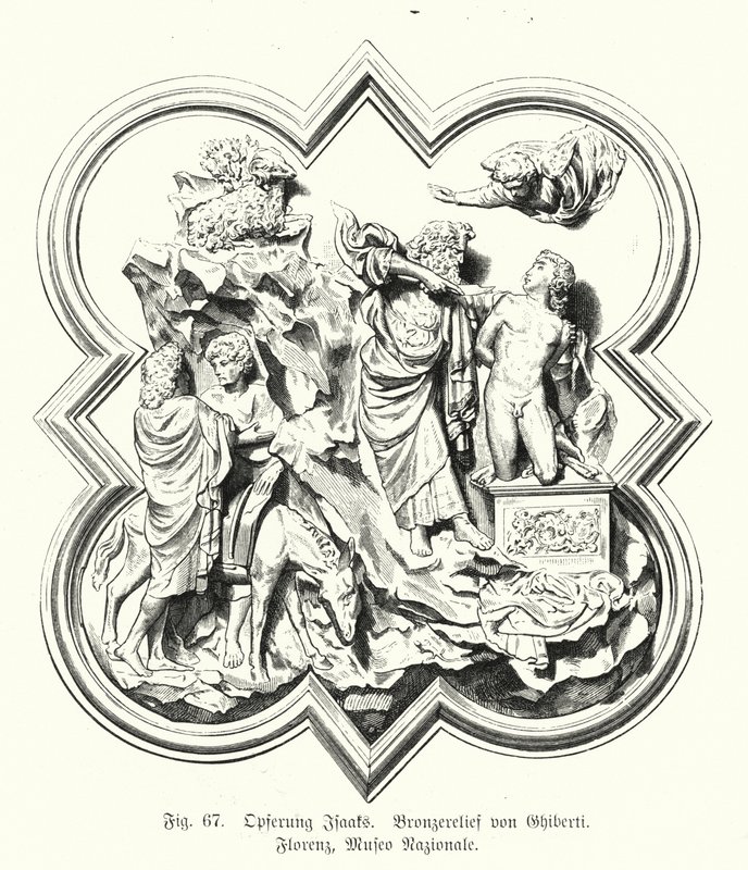 Abraham offrar sin son Isak till offer, bronsrelief av Lorenzo Ghiberti (gravyr) av German School