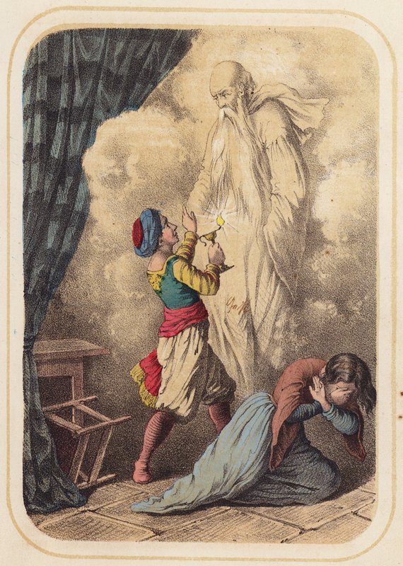 Aladdin, en scen från Tusen och en natt (färg litho) av German School