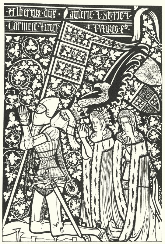 Albert III, hertig av Österrike, med sina två fruar, Elisabeth av Böhmen och Beatrice av Nürnberg (gravyr) av German School