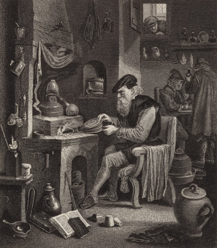 Alkemist på jobbet. Illustration för Bilder-Atlas (gravyr) av German School