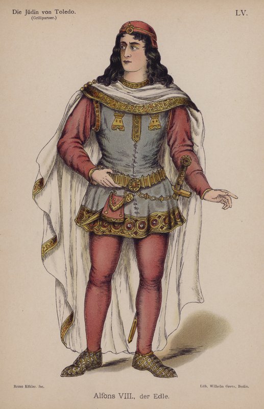 Alfonso VIII, den ädle, från Die Judin von Toledo (Judinnan i Toledo) av Franz Grillparzer (färg litho) av German School