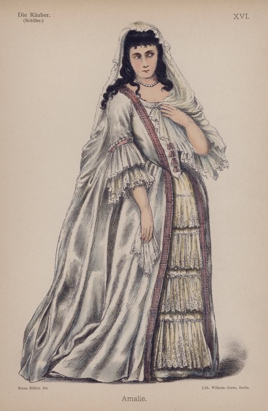 Amalie, från Die Rauber (Rånarna) av Friedrich Schiller (färg litho) av German School