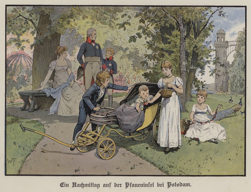 En eftermiddag på Pfaueninsel i Potsdam (färg litho) av German School